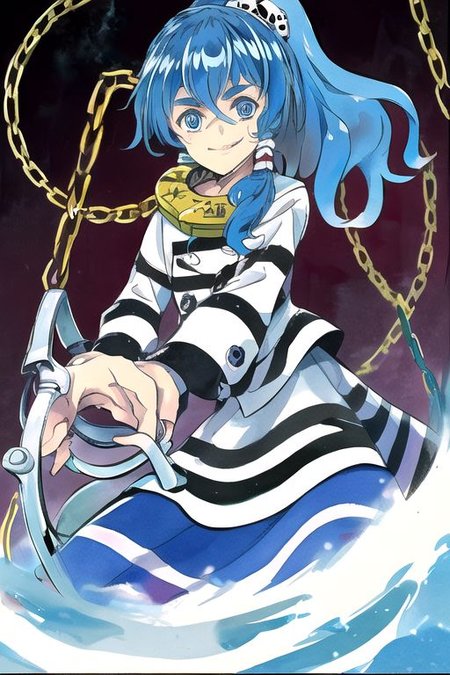 solo, 1girl, solo_focus, ((too many)):16, 
watercolor (medium), traditional media, 
miyadeguchi_mizuchi, solo, 1girl, smile, shirt, long_sleeves, skirt, hair_ornament, teeth, ponytail, chain, cuffs, blue_hair, shackles, long_hair, chains, striped_shirt, striped, skull_hair_ornament, blue_eyes, hair_tubes, bags_under_eyes, ghost, glowing_eyes, wide-eyed, spirit,
