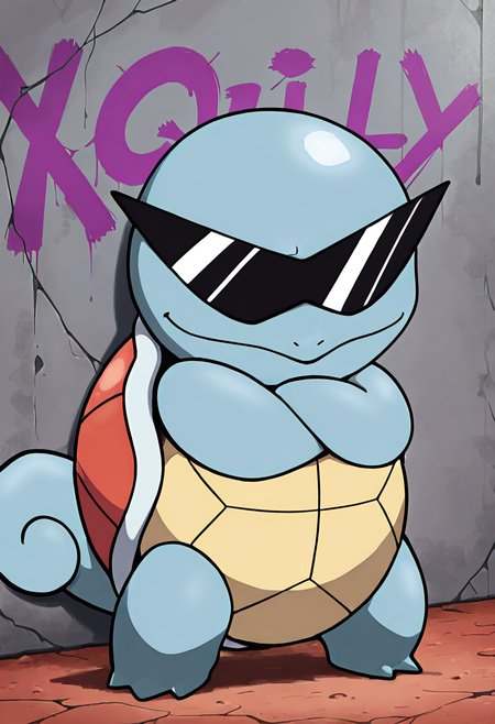 masterpiece, best quality, no humans, solo,    SquirtleSwag, sunglasses,   leaning back against a graffiti-covered wall with its arms crossed, black sunglasses glinting under the afternoon sun as it smirks coolly.    ,<lora:SquirtleSunglasses_IXL:1.0>,