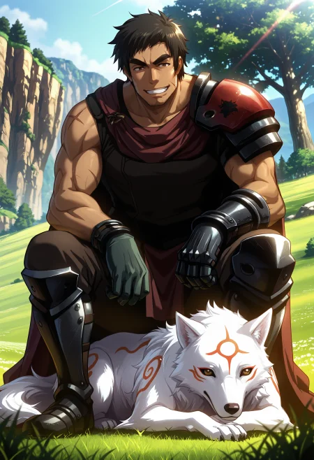 best quality, masterpiece, anime_screencap, hi res, best_quality, very aesthetic, absurdres, 8k, Kva1t,
1boy, male_focus, 
brown_eyes, black_hair, 
scar, manly,muscular, thick eyebrows, facial hair, stubble, sideburns,
grin,
armor, cape, shoulder armor, pauldrons, shoulder pads, gauntlets, gloves, greaves, 
kuroinu emblem, squatting, bent down to pet his wolf,
amaterasu_\(okami\), wolf, animal, beautiful lighting, ray traced, outdoors, meadow, tree, cliff, day, sunshine