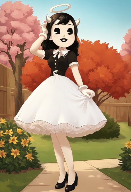 (Masterpiece, best quality:1.2), score_9, score_8_up, flat color, flat shading, soft shading, lighting, Alice Angel in a 1950's dress with a button down top, a fluffy frilly ruffled full petticoat, and high heels, dress, layered petticoat, frilly petticoat, fluffy petticoat, full petticoat, wide dress, flowing dress, long skirt, solid colored skirt, short sleeves, black hair, Bendy and The Ink Machine, series accurate, cute, best high quality, high res, black lips, white colored skin, whole body shot, 1girl, solo, outside, standing straight, in a garden, cute, adorable, smile, low angle shot, cartoon, cartoon style, vector, solo, circle dress, 1950s, alice angel