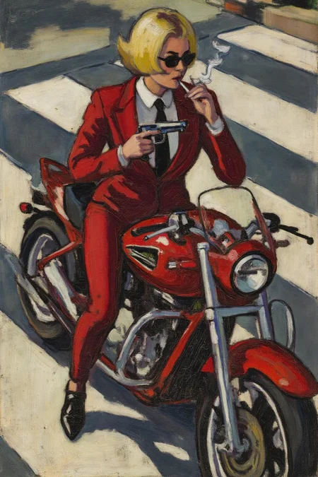 henrylymansayen1 painting.
Overhead shot of an Blonde woman walking away from a futuristic motorcycle parked at a zebra crossing. The woman has bob hair, is smoking. She wear a red business suit, white shirt, black tie, and sunglasses. She holds a gun with a confident grip. The motorcycle itself is red, sleek and metallic, with intricate designs and a futuristic vibe 
 <lora:henrylymansayen1_cap_d6a3:1.0><lora:861471612648604609:0>