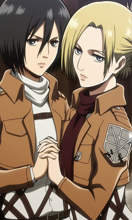score_9, score_8_up, score_7_up,2girls,source_anime,paradis military uniform, holding hands, 
BREAK annieS1 ,blonde hair,short hair,blue eyes,tied hair,detailed face,masterpiece,best quality,annie leonhardt,<lora:annieS1:0.8>
BREAK mikasa ackerman, 1girl,short hair,  black hair,black eyes  <lora:Private-Mikasa-PDXL:0.8>