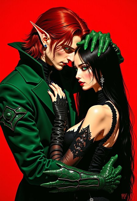 Medium-shot, An intense and dangerously alluring gothic couple posed in a dramatic close-up against a vivid crimson background. The man exudes dark charisma, semi-long red hair, wearing a sleek green sneake coat, his piercing, glowing green eyes. he is an elf, he has pointy ears with earrings. His hand, covered with green scales, protectively and sensually embraces the woman's head, giving her a touch of dominance. The woman, Elven Sorceress has long black straight hair, wears a fitted, black, bold elven dress with delicate lace and exposed collarbones and underboob. Her icy blue eyes gleam with a soft glow, contrasting against the bold black of her lips. The intricate detailing of her outfit is complemented by elegant gemstone earrings. The couple’s poised intimacy, combined with the bold color palette and polished gothic fashion, creates an image of romantic intensity and dark elegance
DB4RZ, DB4RZ style painting