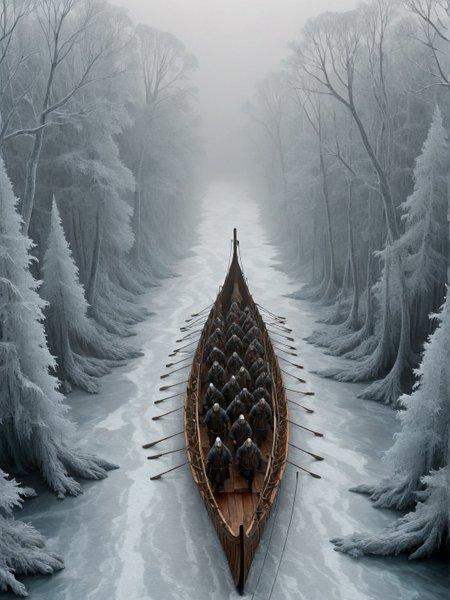 top-down view of warriors on board Viking ship on a dark river in a frozen forest landscape, freezing fog, arctic foxes, chiaroscuro, intricate, crisp lines, cs-h0rsey-01-1000 <lora:Viking_Ship:1>