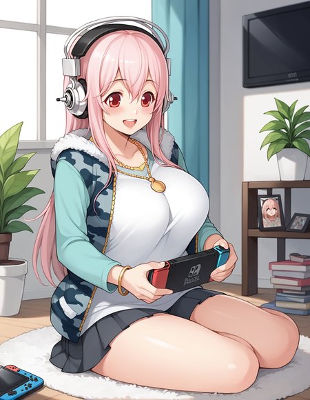 score_9, score_8_up, score_7_up, score_6_up, score_5_up, score_4_up, source_anime, rating_safe, BREAK <lora:sonicoXL_LoRA-C3Lier_AdamW_Dim8_Alpha8_UN-3e-4_TE-1.5e-4_10batch_ponyDiffusionV6XL_v6StartWithThisOne:1>, super sonico, 1girl, pink hair, long hair, red eyes, large breasts, two-tone shirt, green shirt, camouflage vest, hooded vest, headphones, smile, open mouth, blush, looking down, serious, pleated skirt, nintendo switch, sitting, carpet, playing games, television, potted plant, window blinds, window, picture frame