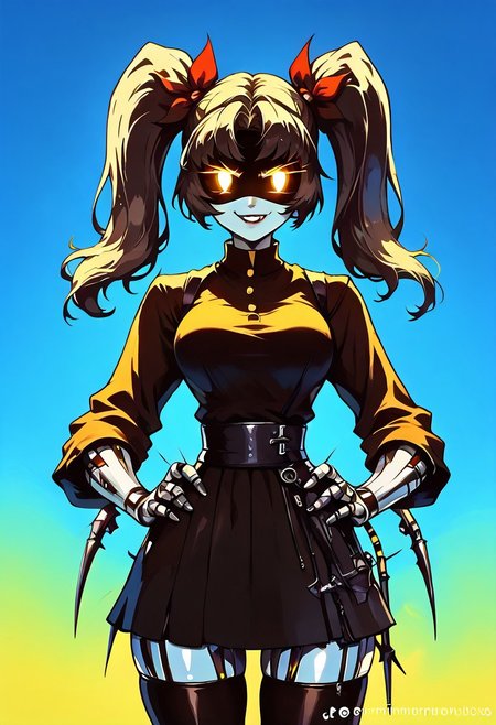score_9, score_8_up, score_7_up, OverallDetail, BREAK solo, 1girl, solo, Robot, Visor, twin tails, yellow neon eyes, smile, monochrome, big breasts, black suit, yellow shirt, skirt, thigh highs, standing, wide hips, hands in hips, smug, BREAK robotic tail, <lora:V2_Pony_Fantasy_Knights_-_By_HailoKnight:0.95> hkstyle, score_9, score_8_up, score_7_up, simple background, dark and blue background, vibrant colors, colorful, metal skin, chromecore, bright, dark vibes, dark fantasy, monochrome, gradient