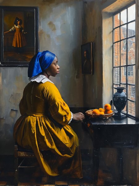 masterpiece,best quality,<lora:tbh122-sdxl:0.9>,portrait of man,oil painting,style of Jan Vermeer,black girl,
