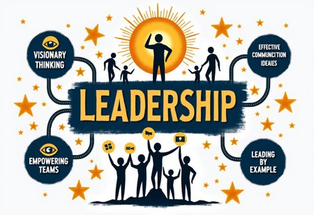 A striking and empowering analograffiti illustrating the concept of Leadership, with "LEADERSHIP" boldly displayed at the center in dynamic, authoritative lettering. Branching out are distinct paths, each representing a key quality. "Visionary Thinking" is symbolized by an eye with a light bulb inside, radiating beams of light, representing insight and foresight. "Inspiring Others" is shown with a group of smaller figures following a larger, leading figure, all walking towards a radiant sun. "Effective Communication" features a network of interconnected speech bubbles, illustrating the flow of ideas. "Empowering Teams" is depicted with hands lifting each other, showing support and collaboration. "Leading by Example" is represented by a figure standing tall on a pedestal, shining like a beacon. The overall composition is dynamic and motivational, using strong, contrasting colors like gold, blue, and white to convey authority, inspiration, and positive influence.