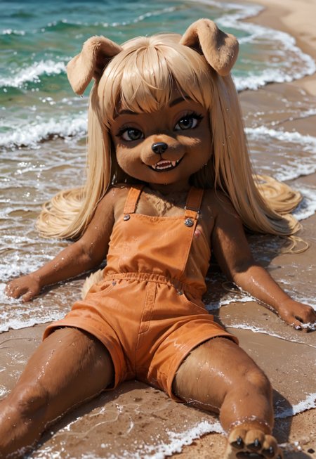 safe_pos, score_9, score_8_up, score_7_up, score_6_up, high res, detailed background, detailed face, detailed mouth, high detail, (furry), source_anime, furry, cartoon, lilotte, solo, 1girl, furry female, long hair, dog ears, black eyes, dog tail, orange overalls, blonde hair, dog girl, smile, smug, looking at viewer, teeth, small fangs, small breasts, shortstack, cute, cutest girl in the world, dark skin, white paws, on the beach, legs apart, lying on a chaise longue, wet wool,