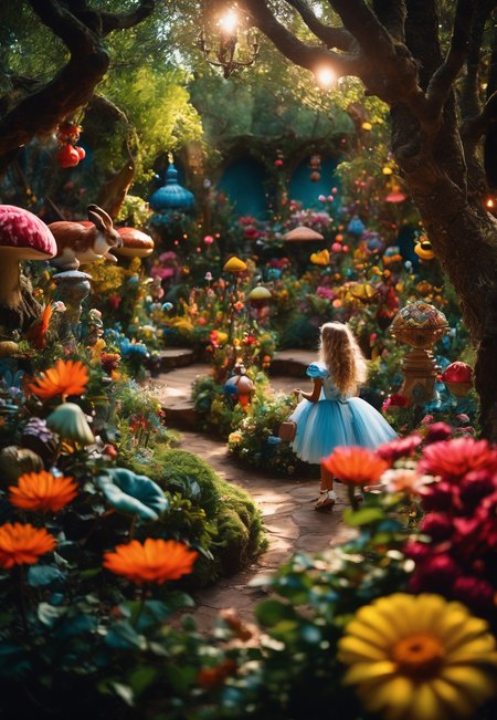 cinematic photo Arcane,  Alfonso A. Ossorio, Alice in Wonderland,  wandering in Enchanted Garden, beautiful,  whimsical wonderland with oversized flowers, talking animals, hidden pathways, swirling lights:1.2, light particles:0.9,life-like, Incorporates vibrant colors, unusual plant arrangements, and fantastical creatures, texture, masterpiece, great art, high quality, best quality, highly detailed, 8k, wide shot, panorama, (Bottom view:1.1), Kodachrome,1970s,(8k, RAW photo, highest quality), eye focus, close up,sharp focus,(detailed eyes:0.8),  <lora:sdxl_photorealistic_slider_v1:1>, (masterpiece,best quality:1.5) . 35mm photograph, film, bokeh, professional, 4k, highly detailed