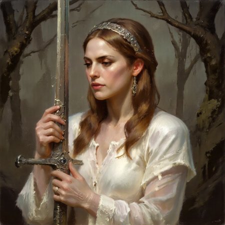 Dark-Fantasy-Cardd-V.2.0 style dark fantasy oil painting with detailed eyes that features a woman, an embodiment of grace and divinity, holds a long, gleaming sword horizontally across her open hands, its blade radiating with an inner silver glow that contrasts with the warm tones of her golden skin. She wears a delicate, flowing white gown that appears almost translucent, cascading around her like a wisp of mist, with edges blending into the faint fog surrounding her form. The fabric shimmers faintly, catching glimmers of gold and soft blues from the ambient lighting, adding depth to the folds and texture of her attire. Her face is calm, illuminated by a celestial light emanating from above, highlighting her closed eyes and giving her an expression of peace and solemnity. Her golden-blonde hair flows over her shoulders, woven with a faint, pearlescent sheen, and crowned by an intricate, filigreed circlet of silver that sparkles subtly, catching the dim forest light. The circlet is adorned with tiny jewels of emerald and sapphire, enhancing the regal yet mystical aura surrounding her.