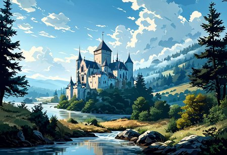 ((old medieval French chateau)) the four musketeers on their way to cathedral standing near a deep river and chateau, white clouds and blue sky, morning fog rolls in, breathtaking atmosphere, sharp background + sharp foreground +amazing depth +double exposure, perfect balanced, deep fine borders, smooth, educed details, extra digits, strong geometric shapes, masterpiece, rich colors, (wide angle view, ultra-wide angle perspective), realistic shadows, (center composition, symmetry and balance), (high detail face,high detail skin), dynamic pose, sharp focus, reduced details; hot wax pipette + laser sharp pen + abrasive eraser, <lora:Modern_Cartoon_Style:0.4>