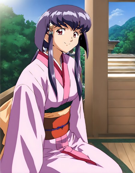 <lora:pony_xl_ayeka>,ayeka,1girl,best quality,masterpiece,super fine illustration,japanese clothes,kimono,sash,day,indoor,japanese-style rooms,japanese garden,sitting,wariza,smile,kind_smile,closed_mouth,