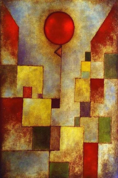 paulklee1 painting. A composition of rectangular and square forms in red, yellow, blue, and green. The central element is a shiny red balloon floating in the air.  <lora:paulklee1_cap_d8a4e12:1.0><lora:839872368160721216:0>