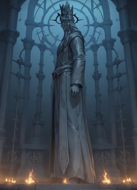 score_9, score_8_up, score_7_up, source_anime, standing, from side, evil smile, solo, eye contact, statue, statue_of_god, <lora:Statue_of_Death_God__Solo_Leveling_pony:0.7>