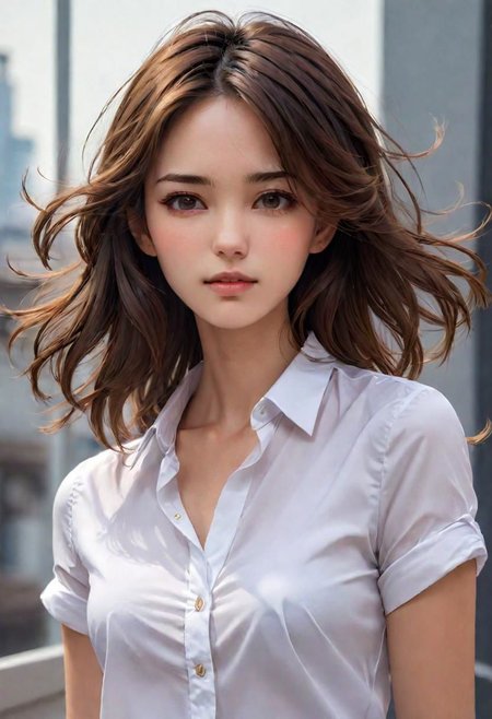 (masterpiece), 
1girl,
white shirt,
brown hair,, floating hair, 
upper body shot, 
HDR, highly detailed, 32k, 
(sexy) mood, 
perfect face feature,