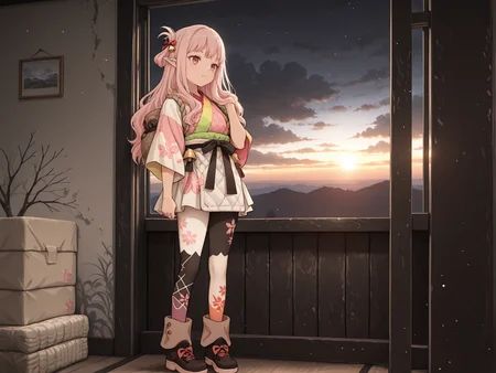 masterpiece,best quality,amazing quality, solo, character focus, 
harsh shadows,   light particles,     sunrise,   
1girl, chignon hair,    light Red eyes,  cute,   shoes, colorful striped tights,  pointy ears,    
looking over shoulder,  
cherry blossom print,    multicolored clothes, split colors,  
  silk bell-bottoms,   padded tunic, 
mudroom,  dark clouds, dark sky,
<lora:add-detail-xl:1> <lora:Detailer_NoobAI_Incrs_v1:1> detailed <lora:cfg_scale_boost:0.3> <lora:feet_anime_il_v3:1> <lora:Dramatic Lighting Slider:1> <lora:hand 5.5:1> <lora:alpha91_peak_maxing:1> alpha91 <lora:Lycoris Recoil style-Illus:0.4> Lycoris Recoil style <lora:jiaocha_illustriousXL:0.4> <lora:jnetz_sc_5-centimeters-per-second_2007:0.4> 5cmps07 <lora:Sinozick_style:0.3> Sinozick_illu,gradient,spot color <lora:NijijourneyNoob_byKonan:0.5>  <lora:H4ru_style:0.3> H4ru_illu