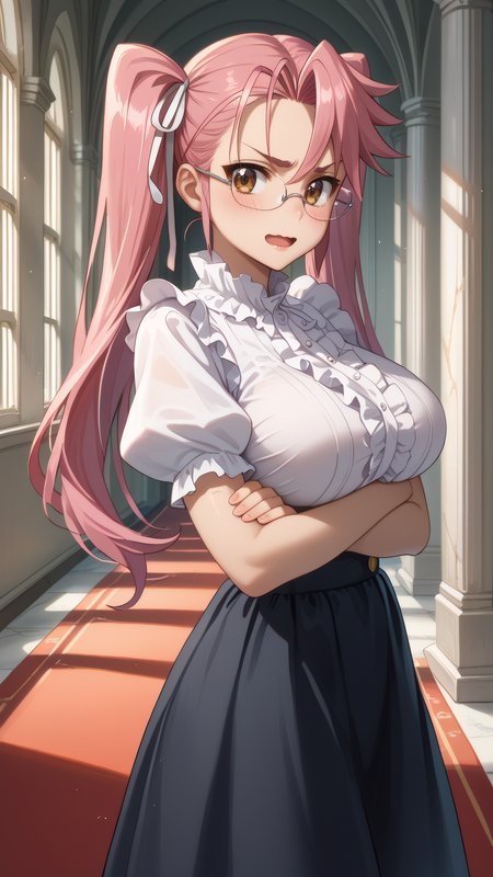 score_9, score_8_up, score_7_up, 1girl, solo, looking at viewer, anime coloring, cowboy shot, from side, 
<lora:Saya_Takagi_Dwnsty:0.8>, saya_takagi, pink hair, brown eyes, long hair, twintails, hair ribbon, glasses, frilled shirt, white shirt, black skirt, puffy short sleeves, center frills,
lips, large breasts, skindentation, blush, light smile, embarrassed, adjusting clothes, open mouth, wavy mouth, crossed arms, 
indoors, red carpet, mansion, hallway, marble \(stone\),
