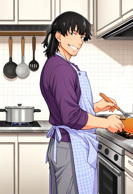 solo, masterpiece, detailed, ultra hd, best quality, 1boy, male, official art, w0lfc0nf, modern, new

FDKurusu, black hair, stubble, purple shirt, grey pants, cute apron, kitchen, cooking, smiling