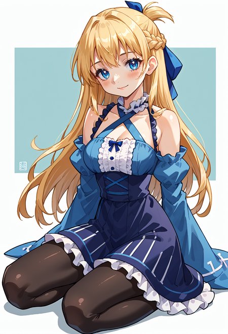 score_9, score_7_up, source_anime, solo, BREAK  <lora:Ikurumi_Kaoru_FORPONY_V2:1> light smile,, <lora:mxmarina:1> mxmarina, french braid, half updo, Hair ribbon, frilled choker, criss-cross halter, sleeveless dress, high-waist skirt, backless dress, blue dress, waist blue bow, detached sleeves, frilled sleeves, wide sleeves, blue sleeves, black pantyhose, patterned legwear, pinstripe pantyhose, mary janes,