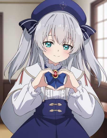 score_9, 1girl, solo,
claire, celia claire, aqua eyes, grey hair, long hair, two side up, small breasts, <lora:seirei_gensouki_-_ celia_claire:1>
blue headwear, beret, brooch, blue bowtie, white capelet, white shirt, long sleeves, high-waist skirt, blue skirt, 
looking at viewer, hands up, heart hands, from side, 
blush, smile, half-closed eyes, 
indoors, blurry background, depth of field,