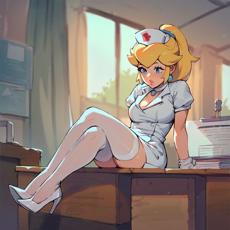 score_9, score_8_up, score_7_up,score_5_up, score_4_up (Source cartoon), (rating questionable, <lora:PrincessPeachXL:0.9>, 1girl, blonde hair, blue eyes, parted lips, princess peach sitting at a desk, white high heels, wearing nurses outfit, clinic, indoors, ponytail. nurse cap, white stockings,