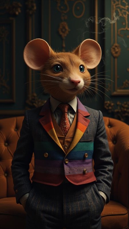 <lora:ADD_CARS_60s_to_90s.safetensors:1>
In a dimly lit, retro-modern parlor, a sleek, hyper-realistic anthropomorphic mouse stands upright, exuding a sophisticated charm. The mouse, an adult with a dignified presence, dons an elegant, tailored suit that contrasts with its vibrant, plush fur. Its large, round ears, a rich amber color, are adorned with intricate, fuzzy textures that catch the warm, glowing light of the room. The ears are proportionally large, enhancing its attentive and charming demeanor.
The mouse's expressive eyes, large and luminous, are a striking shade of emerald, framed by finely embroidered, arched eyebrows that convey a subtle mix of surprise and curiosity. A small, round, pink nose stands out prominently, complementing the soft, velvety fur of its face. Delicate, realistic whiskers extend from either side of its face, adding a touch of authenticity to its otherwise whimsical appearance.
The mouse's suit is a masterpiece of retro-modern fashion, featuring a sleek, polished fabric with a sharp lapel and a double-breasted button design. The suit is accented with metallic gold buttons, and the tie is a deep, shadowed green that echoes the room's atmospheric tones. The body of the mouse is uniquely designed with a series of rainbow-colored stripes, each band transitioning smoothly from bright orange at the top to a soft lavender at the bottom, creating a vibrant, eye-catching gradient.
The parlor itself is a study in contrasts, with its sophisticated, polished surfaces and organic, plush elements. A plush, velvet sofa in rich amber hues complements the mouse's fur, while the walls are adorned with vintage wallpaper featuring intricate, Art Deco patterns. Subtle smoke curls through the air, adding to the enigmatic and sultry atmosphere. The dramatic, directional lighting casts deep shadows, emphasizing the mouse's refined personality and the room's cinematic sense of intrigue.