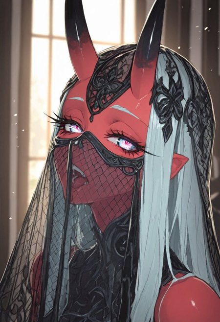 masterpiece, best quality, amazing quality, 1girl, hair ornament, 
 8K, illustrating, CG, detailed-eyes, detailed background, cute girl, eyelashes, lowlight
BREAK
sexy, slutty, hot, aroused, 
BREAK
detailed background, eyelashes, erotic, looking seductive, coy. dynamic action image, detailed face, detailed eyes, direct mesmerizing gaze, 
BREAK
(EyesHD:1.2), (4k,8k,Ultra HD), masterpiece, best quality, ultra-detailed, very aesthetic, sharp focus, depth of field, ray tracing, best lighting, detailed illustration, detailed background, cinematic, beautiful face, beautiful eyes,
BREAK
Aka-Oni, oni, colored skin, red skin, smooth horns, black horns, 
BREAK
Eric Madigan Heck animals style, 
Anime art, portrait, 
silk veil, full face veil, 
mist,  woman hissing, swirling particles, epic eyes
