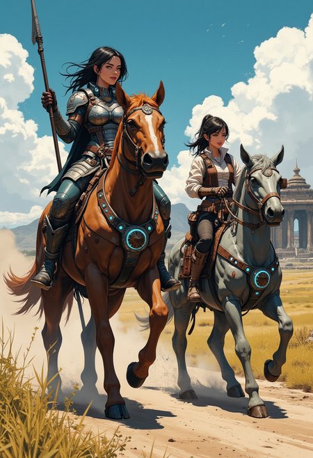 Anime, Mongol warriors , drawing. This is a detailed anime illustration in a fusion of cyberpunk and fantasy style. The image shows two people driving down a dirt road in a rural area. The Mongolian woman on the left is sitting on a brown horse sculpture and is wearing armor with flashing lights. She is somewhat beautiful and has a muscular body. Her armor is detailed, has intricate patterns and a metallic sheen. In her right hand she holds a spear, which is slightly raised.
The Mongolian woman on the right is seated on a smaller horse. She is dressed in 20th century attire. She is beautiful, in a punk rock style and has a cheerful expression on her face. She is also wearing a vest with ammunition pouches. The horse sculpture is grayish rust colored, with a pair of glowing blue mechanical eyes.
The background shows a partly cloudy sky with patches of blue and gray, suggesting a partly sunny day. An ancient temple can be seen in the distance, which appears old and abandoned.