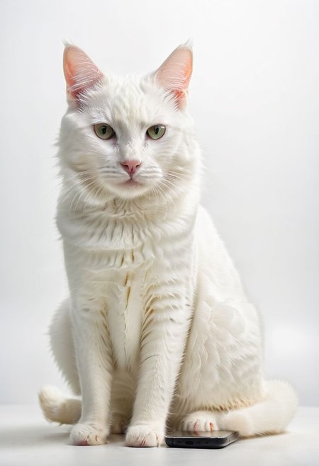A white cat with smartphone, photo smartphone, detailed smartphone, simple background, 8k, HD . Overall, the image depicts the smartphone as a white cat device, a perfect blend of feline and scientific nature.