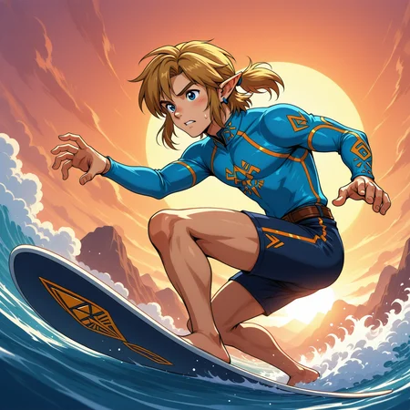 Link from Legend of Zelda surfing a massive wave wearing board shorts and a Hylian-emblazoned rash guard at sunset Studio Ghibli art style dramatic backlighting dynamic mid-air trick pose