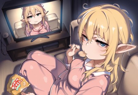Atte_Nanakusa, elf, blonde, long hair, watching TV, eating chips, messy hair, focused, dark room, illuminated by television, pajamas, couch, sitting on couch, close up, from above, looking at viewer, medium breasts