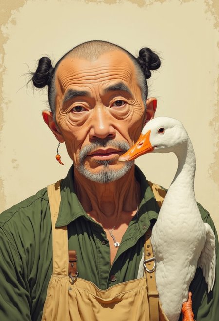 A hi-res, highly detailed, photographic, balanced composition. A highly detailed and realistic portrait of a middle-aged man with a rugged and weathered face, showcasing fine details of his skin texture, wrinkles, and freckles. His hair is styled uniquely, with two small buns tied symmetrically on the sides of his head, leaving the top bald and shiny. He wears a casual green shirt, slightly weathered, paired with a beige apron that has visible wear and tear, hinting at his craftsmanship or labor background. A single earring dangles from one ear, adding a touch of character. To the right side of the frame, a white duck is prominently featured, its beak bright orange and glossy, and its feathers fluffy with subtle shading and texture. The duck appears curious and calm, its face positioned close to the man's, creating a whimsical and unexpected contrast. The background is a soft beige tone with a lightly distressed texture, giving the composition a vintage and painterly aesthetic. The overall lighting is soft and warm, highlighting the man's facial features and the duck's feathers in a balanced and harmonious way.