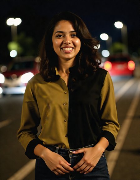 night-time close_up photo of a well dressed desi_light woman, wearing dark-Olive colored Jeans_with_kurta, happy,cat eyes black eyeliner,solo focus, city light in background bokeh <lora:Desi_Coffee_Flux_Kohya_LoHa_v2:0.8>âââ