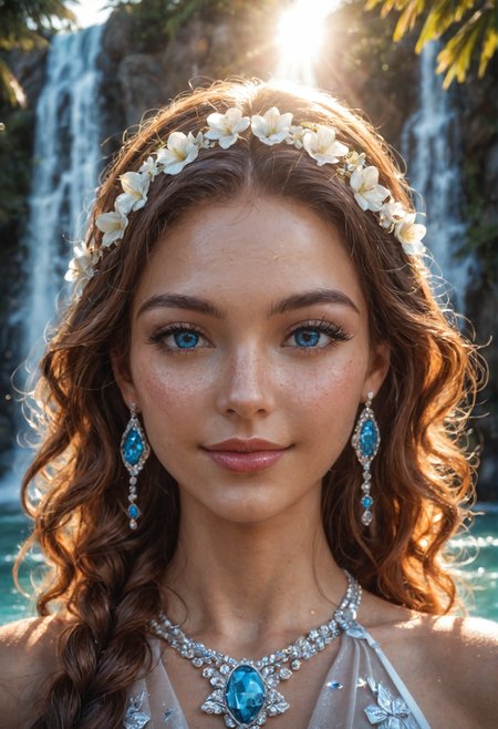 Create a hyper-realistic, (close-up:1.6, pov face:1.5), high-resolution full-body portrait of a young french woman face with natural beauty and soft, elegant features. Her complexion is smooth with a warm, slightly pale tone and subtle freckles across her cheeks and nose. soft seductive smile:1.2, Her eyes are large and almond-shaped, perfect eyes texture:1.4, reflective gleam, framed by thick, long eyelashes, thin eyebrows, pink glossy lips are full, elegant dress with floral decoration, with a soft pink hue and a natural, moisturized finish. long curly ginger hair two braids, (perfect ererald deep blue:1.8), revealing her face completely and creating a sense of confidence and poise, perfect detailed skin texture, pores, detailed background tropical lagoon not a big waterfall, <lora:Dramatic Lighting Slider:1.7>, (dramatic lighting:1.4), <lora:Pony Realism Slider:3>, (realism:1.8),