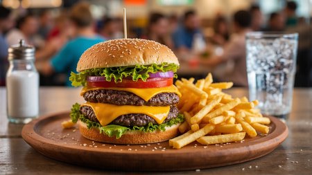 Photo of a delicious meal. A cheeseburger on a wooden plate. 2 meat patties with very molten cheese in between. Topped with a slice of tomato, a slice of onion and on top lettuce. All served in a sesame seed bun. Very crunchy French fries are on the plate with the burger. There are a few sesame seeds on the plate. On the left behind the burger you can see a salt shaker. On the right behind the burger is a glass with bubbling mineral water. 
Lighting from 2 sides and softbox flash.
The background is a populated fastfood diner, food photography, mouthwatering dishes, vibrant colors, appetizing presentations, enticing compositions, delicious details, showcasing textures, capturing freshness, professional lighting, expert styling, culinary storytelling, enhancing food appeal
