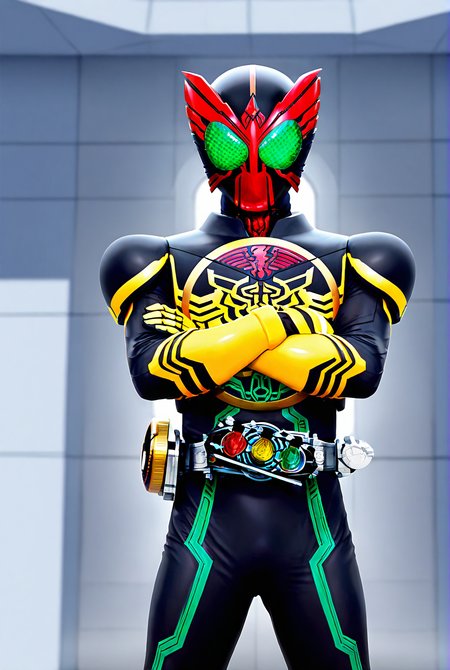 very awe,aesthetically pleasing,masterpiece,best quality,amazing quality,very aesthetic,ultra-detailed,high resolution,8k,1boy,solo,cowboy shot,male focus,detailed face,armor,belt,tokusatsu,bodysuit,helmet,rider belt,black bodysuit,standing,crossed arms,looking at viewer,<lora:Kamen Rider ooo:0.8>,kamen rider 000,