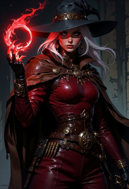"A female witch hunter, white hair, Green eyes, dressed in red suit leather clothing with a holster, protection necklace ,ammunition belt, coldre, and a black  Pilgrim hat, intense and focused eyes, mature. Brown Cape and a flintlock revolver in hand and red eletric alquemic circle in other hand"
