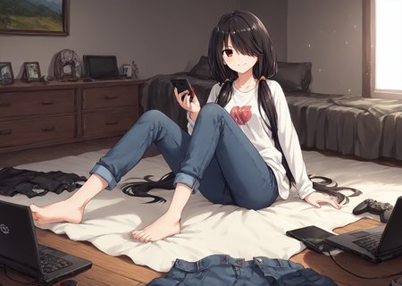 score_9, score_8_up, score_7_up, score_6_up, score_5_up, score_4_up, , scenery, masterpiece,  best quality, very aesthetic,, game controller,  ,wooden floor, keyboard (computer), , disposable cup,  , phone, laptop, , cellphone, controller,bed, messy room,TV,
,  looking at viewer, laying, modeling on bed,  <lora:Kurumi_Tokisaki:0.8> black hair, red eye, long hair, twintails, hair over one eye, yellow eye, heterochromia, clock eye black, tshirt, jeans, sitting, smiling,legs kicking, ,smiling, , ,, looking at viewer,