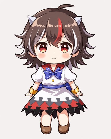 kijin seija,1girl, horns, solo, white_background, simple_background, brown_footwear, smile, blue_bowtie, looking_at_viewer, white_dress, closed_mouth, full_body, bracelet, multicolored_dress, v-shaped_eyebrows, chibi, white_shirt, skirt, doll, puffy_short_sleeves, blush, sitting, buttons, arrow_\(symbol\)
<lora:kijin_seija_image4523_2023-12-20-000008:1>,star-shaped_pupils,symbol-shaped_pupils,. gorgeous,key visual, vibrant, studio anime,award-winning, professional, highly detailed,high budget, cinemascope