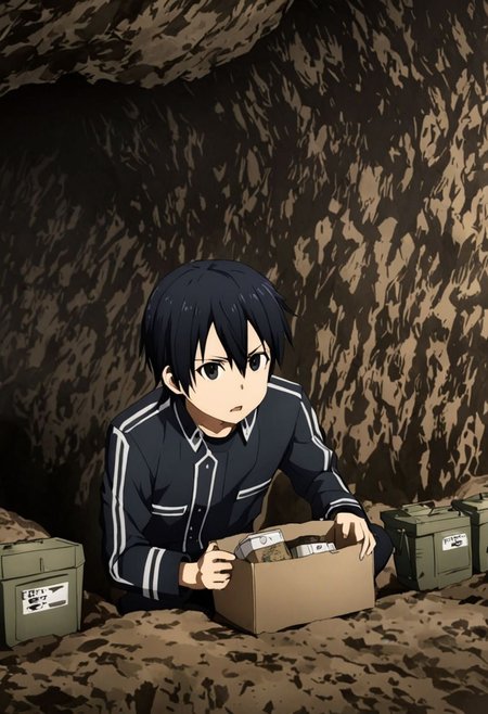high resolution, solo, best quality, 1Boy, Kazuto Kirigaya, Black Hair, Black Eyes, cave, bunker, field Ration, OverallDetail
