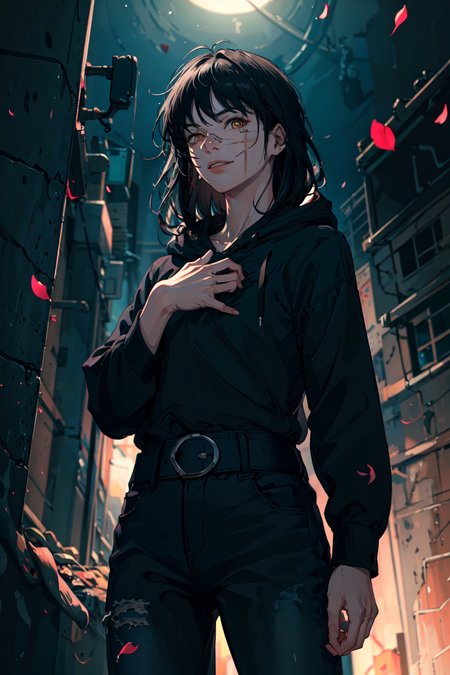 Masterpiece, best quality, photorealistic, realistic, yoru, 1girl, long hair, yellow eyes, chain, scar on face, ringed eyes, hoodie, jeans, full body, sharp focus, backlit, looking at viewer, black belt, black ribbon, smile, petals, blood, hand on own chest, from below perfect lighting, ultra high res, photorealistic, ultra detailed, <lora:yoruChainsawMan_v1Beta:1>