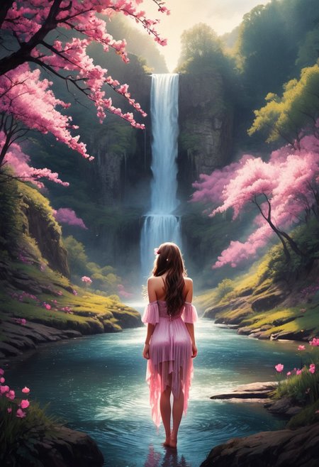 a young feminine woman. 25 years. long brown hair. brown eyes. small breasts. transparent, tight dress that falls down the legs like a waterfall. loving gaze into the distance. nature. waterfall in the back. trees. pink flowers. little sweet, fluffy bunny
best quality, ultra-detailed, very aesthetic, illustration, perfect composition, intricate details, absurd, atmospheric lighting, streaks of light
Masterpiece, vibrant colors, very detailed, midjourneyv6.1, detail background, Shine colorful, perfect, perfection, perfection style, realistic photo, fFaceDetail, eyedetailpxl, conysv3-1400