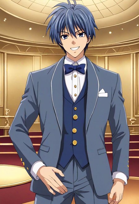 high resolution, solo, best quality, 1Boy, Tomoya Okazaki, Grey Blue Hair, luxury hotel, Ballroom, tuxedo, smile, confident, OverallDetail