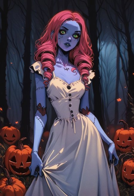 score_9, score_8_up, score_7_up, score_6_up, hllwn, halloween, vintage, 1girl, pink hair, long drill hair, green eyes, stitches, sundress, patchwork clothes, narrow waist, colored skin, blue skin, halloween, pumpkins, dark forest, portrait