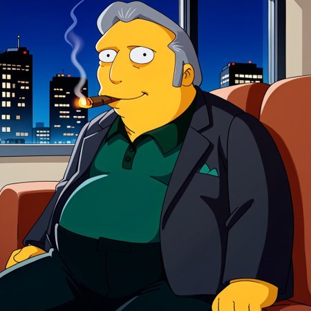 yellow skin, cartoon style, 2d, baggy eyes, slicked-back grey hair, dark suit jacket, green polo shirt, black dress pants, black formal shoes, cartoon nose, short hair, large wave in hair, fat man, broad shoulders, hd, masculine, male, black dot eyes, 4k, hd, masterpiece, best quality, detail background, source_cartoon, dof apartment, at night, large window, city in background, male, solo, chubby, fat, overweight, obese, looking to the viewer, thick cigar in mouth, close up, upper body, sitting, on couch, upper view, from above, smile, male focus, three quarter view