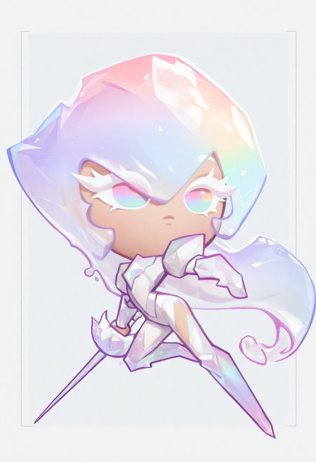 masterpiece,best quality,amazing quality,
crk1styl111,<lora:lycoris:1>,(chibi:1.4),colored eyelashes,white eyelashes,dynamic pose,solo,full body,simple background,(rainbow theme:1.1),(crystal:1.1),helmet,armor,
girl,liquid hair,(crystal girl:1.1),long hair,pastel colors,border,holding rapier,hair over eyes,rainbow eyes,shield,