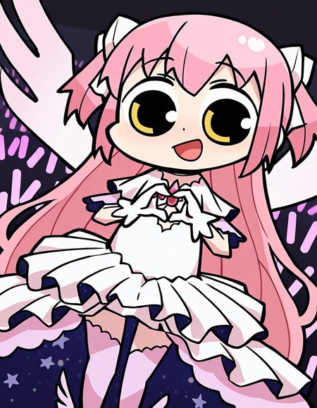 masterpiece, best quality, newest, absurdres, highres, safe, 1girl, ultimate madoka, magia record: mahou shoujo madoka magica gaiden, papa \(shimeguru\), solo, heart hands, stage, glowstick, dutch angle, <lora:20241222214529_kaname_madoka_noobaiXLNAIXL_vPred10Version:0.7>