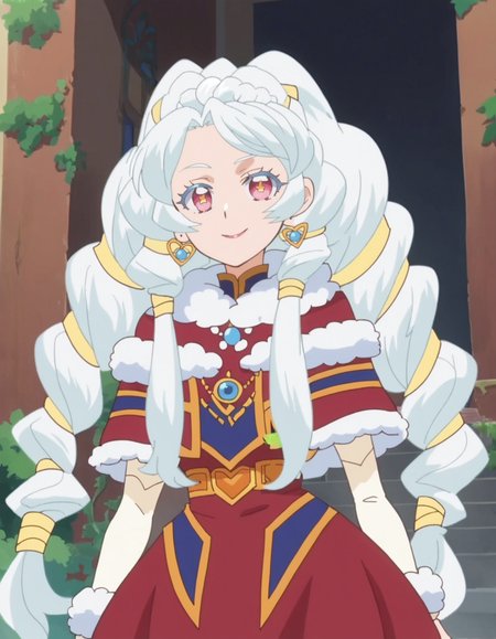 score_9, score_8_up, score_7_up, anime screencap, solo,1girl,sharon,white hair, smile,  jewelry,hair onament, flower,  looking at viewer, dress,  earrings,braid, capelet, fur trim, twin braids,medium breasts,cowboy shot <lora:sharon_pony:0.8>