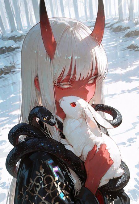 masterpiece, best quality, good quality, newest, highres, absurdres, volumetric lighting,gradient color,
BREAK 
raytracing, volumetric lighting, ambient occlusion, girl, background, masterpiece, best quality, very awa, absurdres, 
BREAK
Aka-Oni, oni, colored skin, (red skin:1.3), straight horns, solo, long hair, model style, 
BREAK
masterpiece,amazing quality,best quality,ultra-detailed,8K,illustration,CG,shiny hair,clear skin,ultra-detailed-eyes, background,cute girl, eyelashes
BREAK,
winter, snow, ((manhwa style, semi-realistic)), ((calm expression, soft eyes, expressive eyes)), (one large snake over shoulder, black snake, iridescent black scales), cool white lighting, (looking at user, facing user, relaxed stance, tilted head), half body, dynamic pose, ((close up)), petting snake, hugging a white rabbit,